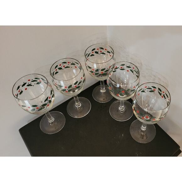 Christmas Holly Berry Gold Confetti Wine Glasses Set of 5 Holiday Stemware 7 In - Picture 8 of 12